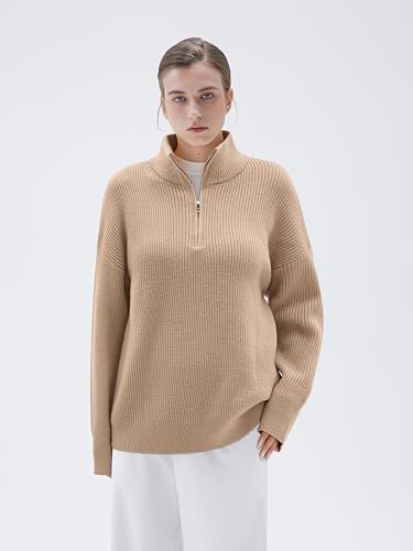 Image of SUUKSESS Women Cashmere Blend Oversized Quarter Zip Pullover Sweater Long Sleeve Collared Ribbed Knit Jumper Tops
