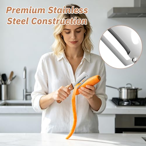 Image of 2pcs Multifunctional Vegetable Peeler for Kitchen, Stainless Steel Peeler | Vegetable peeler with wooden handle and bottle opener, stainless steel, dishwasher safe, non-slip ergonomic handles