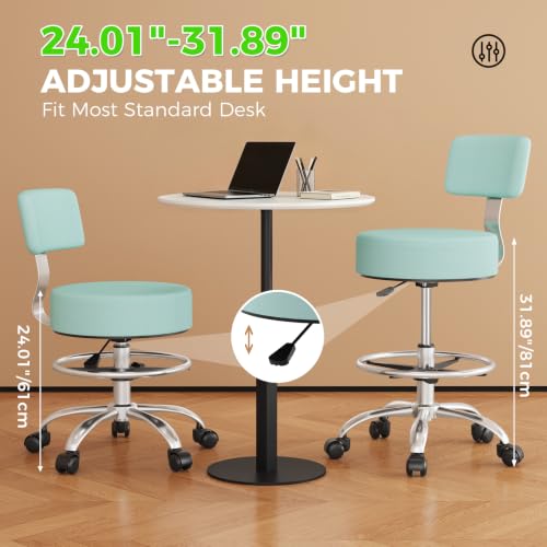 Image of Office Drafting Chair with Footrest, Tall Height Adjustable Stool with Back Support, Heavy Duty Rolling Stool Chair with Wheels for Office Home Kitchen Bar Shop Guitar Studio Vanity, Mint Blue