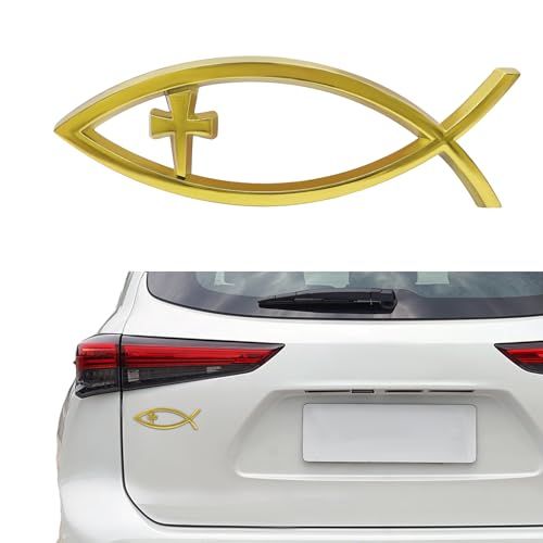 Image of Christian Cross Fish Auto Emblem, Jesus Fish Car Emblem, Weatherproof Christian Symbol Ichthus Cross Decal, Chrome Sliver Badge Bumper Stickers Car Accessories Fit for Most Vehicles (Gold)