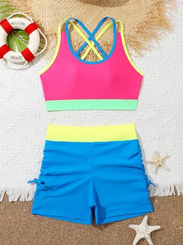 Image of WDIRARA Girl's Colorblock Criss Cross Bikini Set Side Swimsuit 2 Piece Ruched Bathing Suit
