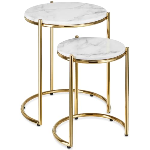 TecTake® Mesa Auxiliar Redonda, Mesita Centro Ovalada, Tapa de Mármol, Estructura Acero, Mesas Redondas Pequeñas, Mesita Auxiliar Comedor, Mesas Bajas, Decoración Mesa Salón - Set de 2 Blanco/Dorado
