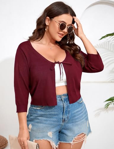 Image of ShopWonder Women's V-Neck Tie Front Shrug 3 /4 Sleeve Rib-Knit Cardigan Sweater Crop Top