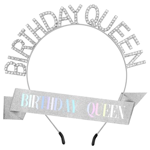 Birthday Sash for Women,Birthday Crowns Tiara Crown Adult Woman,Silver Glitter Rhinestone Tiaras Headband Silver Queen Sash for Girls Princess Party Decorations Accessories Valentines Gifts for Women