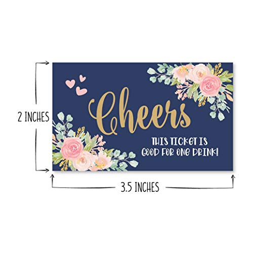 50 Navy Pink Floral Drink Ticket Coupons For A Free Drink At Weddings, Work Events Or Party Bar, One Free Beer Wine Alcohol Soft Drink Or Food Voucher, Flower Cheers Large Drinking Paper Raffle Cards #TOP1