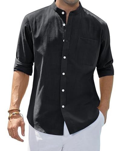siliteelon Leinenhemd Langarm Stehkragen Herren Hemd Casual Sommer Businesshemd Regular Fit Freizeithemd Beach Leichte Shirt Weiß XXL