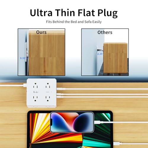 Tcstei 6 Ft Flat Extension Cord, Tcstei Ultra-Thin Flat Plug Surge Protector Power Strip thumb #1