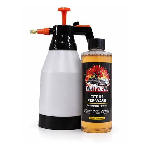 DIRTY DEVIL Ultra Concentrated Citrus Pre Wash 500ml + 1.5L Pressure Sprayer Powerful Pre Wash - Cuts Through Dirt Bugs & Road Grime Safe on All Surfaces - Powerful Degreaser for Paint & Wheels