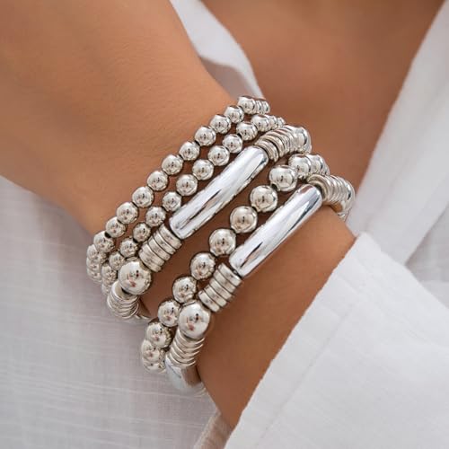 Jumwrit 5pcs Layered Beaded Bracelets Set for Women Dainty Stretch Elastic Round Ball Beads Chain Tube Bangle Bracelets Boho Stackable Bracelets Trendy Jewelry for Girls3