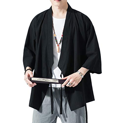 Image of PRIJOUHE Men's Kimono Jackets Cardigan Lightweight Casual Cotton Blends Linen Seven Sleeves Open Front Coat Outwear