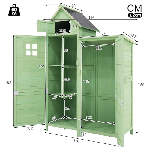 Gegtuon Gerätehaus mit Satteldach, Geräteschuppen Gartenhaus Gartenschrank aus Holz mit Fenster Türen & Stauraum Ablagen, Wetterfest Outdoor Schuppen für Garten Terrasse, 124,5x53cm (LxB), Grün A