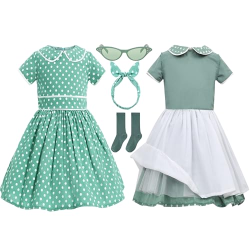 Leadtex Vintage 1950s Polka Dot Audrey Swing Dress 1950s Retro Party A-Line Dress for Girls with Glasses,Socks and Headband