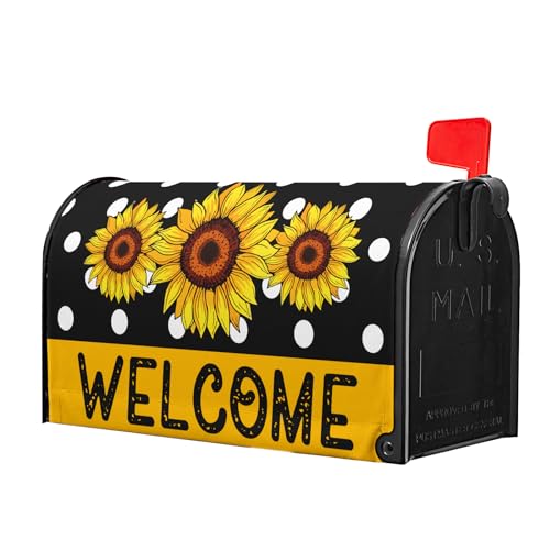 Image of Spring /Summer Sunflower Mailbox Cover - Magnetic Floral Black and White Dot Standard Size 18 X 21 Holiday Mailbox Wrap Post Letter Box Decorative for Home Outdoor Garden