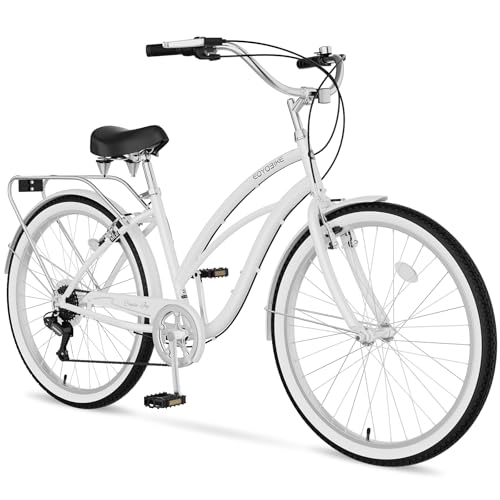 Image of MOONCOOL Beach Cruiser Bike for Women and Men, 24 /26 Inch 7-Speed Adult Bicycle, Comfortable Step-Through Frame with Rear Rack, Classic City Cruiser