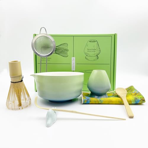 8 Pcs Gradient Green Matcha Kit - Matcha Whisk Set and Bowl, Matcha Making Kit Whisk, Bowl With Spout, Powder Starter Sifter, Ceramic Whisk Holder, Spoon Japanese Tea Tools For Ceremony Gift