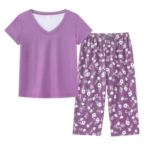 Image of YIJIU Women Soft Comfy Pajamas Cute Cat Short Sleeve Capri Pants PJS Set