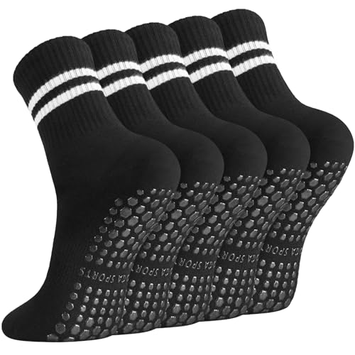 Apricitie 5 Paar Pilates Yoga Socken Damen Stoppersocken Rutschfeste Socken mit Noppen 38-42, Baumwolle Yoga Antirutsch Socken für Ballett Fitness Krankenhaus(Schwarz)