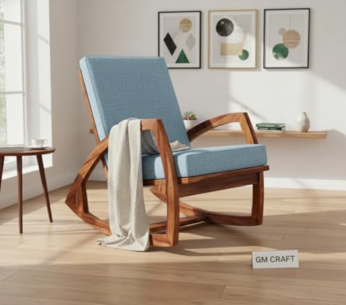 Image of Solid Sheesham Wood Rocking Chair for Living Room - Upholstered Relaxing Chair - Wooden Rocking Chair for Adults for Home Outdoor Indoor (Honey, Cyrus)