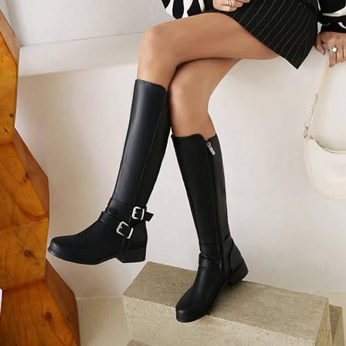 Women's Stretch Knee High Boots Low Block Heel Buckle Strap Classic Tall Riding Boots Side Zipper Casual Fashion Winter Boots3