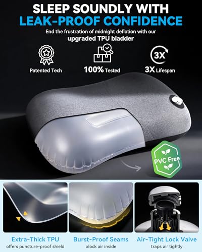 HIKENTURE Aufblasbares Camping/Reise Kissen mit Abziehbarem Kissenbezug, Ergonomisches Kopfkissen, Komfortables Nackenkissen für Reise/Outdoor, Inflatable Travel Neck Pillow(Schwarz)…