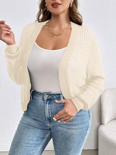 Womens Plus Size Lightweight Cardigan Sweater Open Front Long Sleeve Knitted Cropped Shrug2