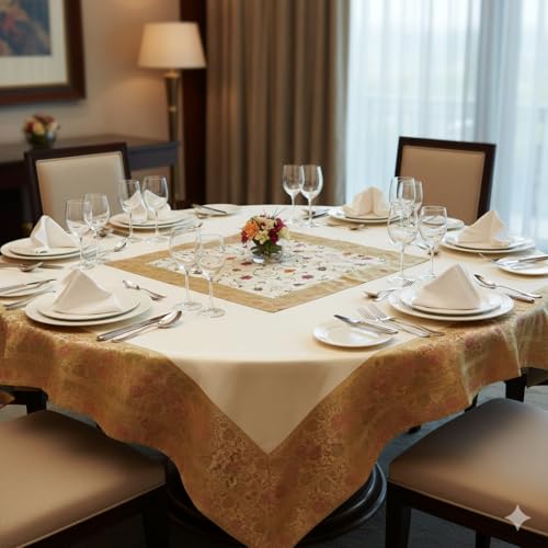 Image of New Year Room Decor Embroidery Brocade Silk Table Cover for Centre & Dinning Table and 4 & 6 Seater Dining Table /Tablecloth, (50 By 50 Inches) (Cream)