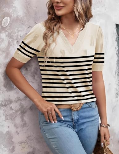 Image of Zeagoo Womens Short Sleeve Sweaters Soft Casual V Neck Pullover Tops Lightweight Knit Sweater Blouse