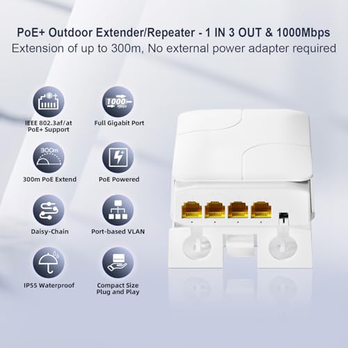 Image of Outdoor 4 Port Gigabit PoE Extender, 1 in 3 Out PoE+ Switch, 10 /100 /1000Mbps, IEEE 802.3 af /at 30W, Wall Mount Waterproof YuLinca POE Passthrough Switch