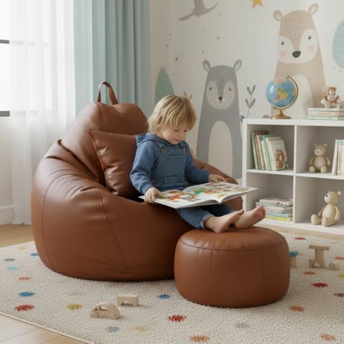 Image of KAM'S LIEU Bean Bag Chair with Footrest & Cushion | Pre-Filled Beans | PVC Leatherette Lounger Sofa | Indoor & Outdoor Bean Bag | 6 Months Warranty Size & Color- (TAN, XXXXXL, Premium)