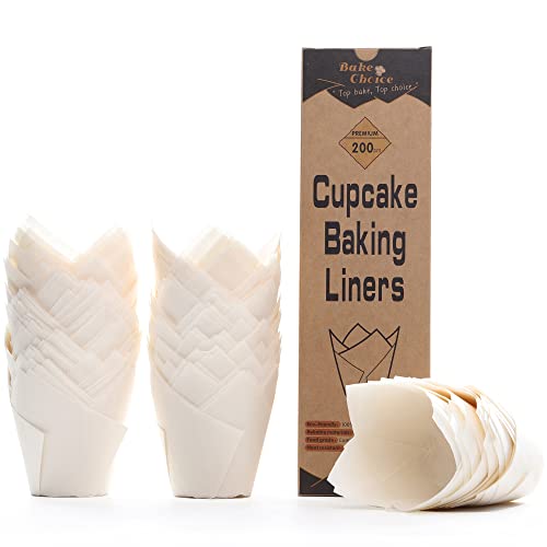 Image of Bake Choice 200pcs White Tulip Cupcake Liners for Baking Cups European Parchment Paper Tulip Muffin Liners,Nordic Paper Cupcake Wrapper for Party, Christmas