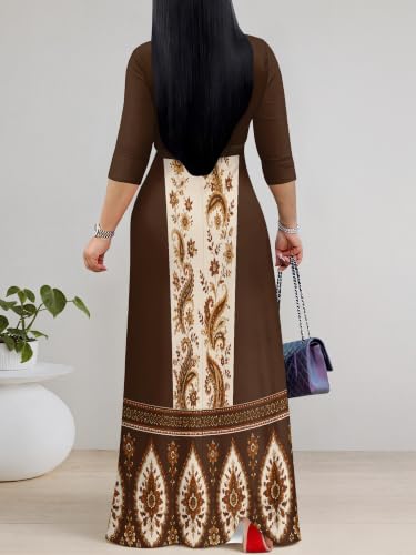 Image of Women's V Neck Floral Maxi Dress 3 /4 Sleeve Plus Size Boho Wrap Flowy Long Dresses with Belt