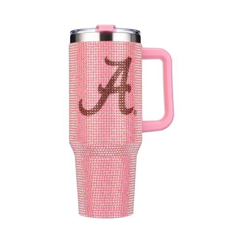 Image of The Memory Company NCAA Pink Bling 40oz Stainless Steel Water Tumbler, Double Wall Vacuum Insulated Game Day Bottle, Rhinestone Design with Handle Lid and Straw