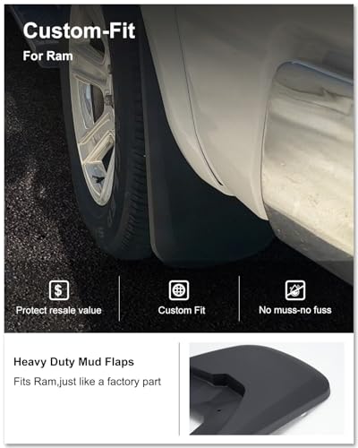 Image of Kiwi Master Mud Flaps for 2009-18 Dodge Ram 1500 /2500 /3500, 2019-2024 Ram 1500 Classic (with OEM Fender Flares, Single Rear Wheels), Heavy Duty Front & Rear Mud Guards, No Drill, 4 Pcs Set