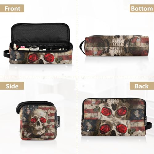 Bolso de viaje y estera resistente al calor para herramientas de cabello Hot Hair Tools, organizador impermeable para planchas y rizadores, diseño calavera retro y rosa roja portátil miniatura 5