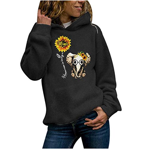QZS Hoodies for Women Pullover Cute Animal Print Long Sleeve Drawstring Hooded Sweatshirt Fall Winter Pullover Tops Blouses Black