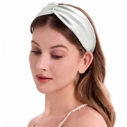 Image of ZLYC Mulberry Silk Headband for Women's Hair Elastic Hairband, Solid White | smooth luxury real silk, stretch elastic no slip fit, makeup spa skincare use, travel daily wear,boho fashion hair accessory
