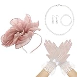 Pistha 5 Pcs 1920s Fascinators for Women Tea Party Fascinators Headband and Gloves for Women Tea Party Halloween Cocktail Wedding (Pink)