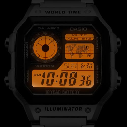 Image of Casio AE1200WH Series | Men's Digital Watch | 100M WR | Multi Alarms | 100 SEC Stopwatch | Countdown Timer | World Map for World Time | LED Light | LC Analog Display | 10 Year Battery