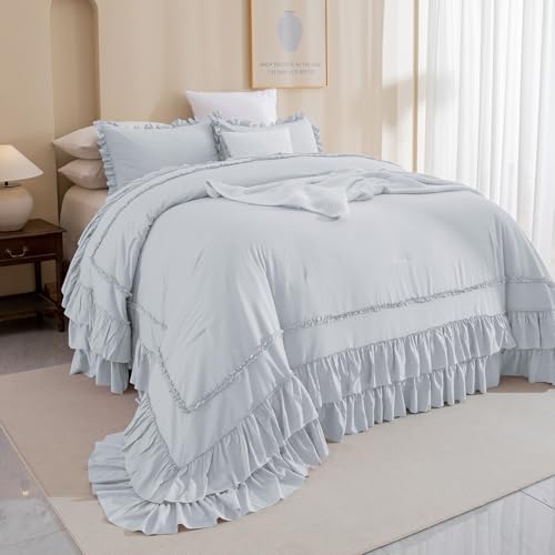 Image of QSH Light Blue Ruffle Oversized King Comforter 128x120,3PCs Farmhouse Shabby Vintage Chic Ruffled Bed Comforter Set French Country Rustic California King Bedding Comforter Set Soft and Lightweight