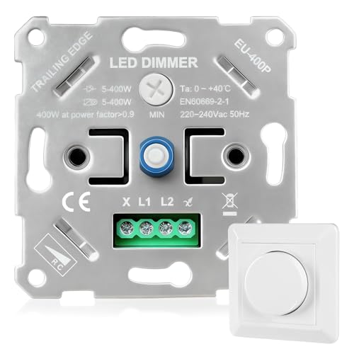 Regulador LED Universal 5-400W, Interruptor Dimmer Giratorio 220-240V para Bombillas LED Dimmables, Halógenas e Incandescentes - Protección Integral, Funcionamiento Silencioso, Incluye Placa Blanca