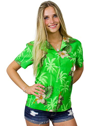 King Kameha Funky Hawaiian Blouse Shirt, Shortsleeve, Small Flower, Green, XL