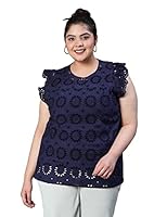 oxolloxo Women Plus Size Schiffli Round Neck Petal Sleeve Blue Cotton Top