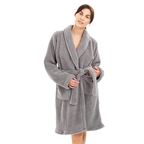 HOMELEVEL Robe de chambre femme - Peignoir d'intérieur long en polaire sherpa microfibre avec poches et ceinture - Peignoir polaire femme hiver