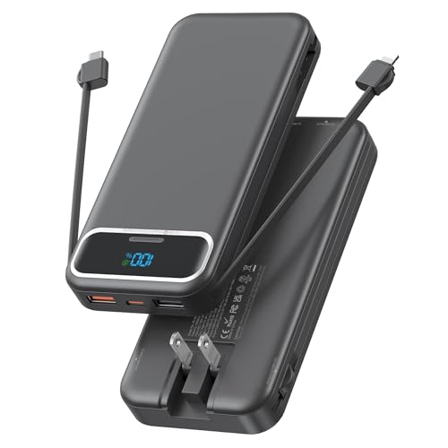 Image of Nusyddy Portable Charger 12000mAh 22.5W w /Built-in Cables & Wall Plug Black | 22.5W Fast Charging, LED Display, Pass Through Charging, TSA Approved, Portable & Slim, Power Bank for iPhone, iPad, Samsung