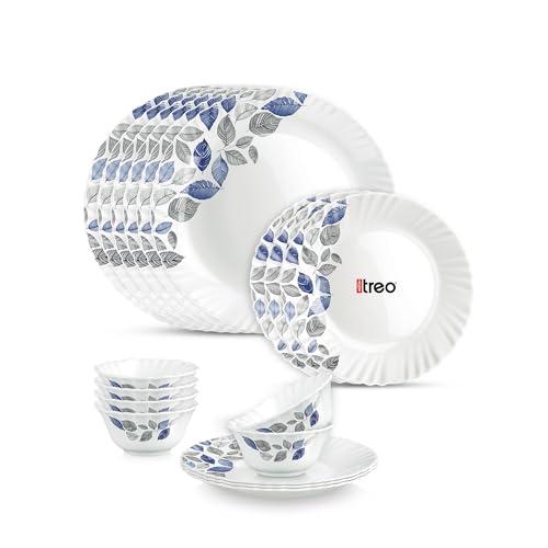 Image of Treo by Milton Opalware Aurelia Lunis Dinner Set of 18 | Serving for 6 | Microwave & Dishwasher Safe | Bone-Ash Free | Tempered Toughness | Plates & Bowls | Crockery Set for Dining & Gifting | White