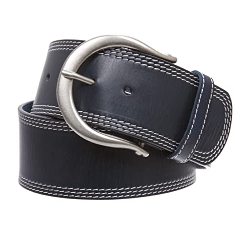 Womens Wide Fashion Leather Belt with Crescent Buckle and Triple Stitch
