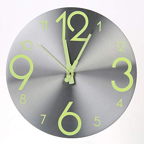 Tiords 12” Glow in The Dark Metallic Wooden Wall Clock, Farmhouse Living Room Battery Operated Silent Clock for Bedroom Non-Ticking