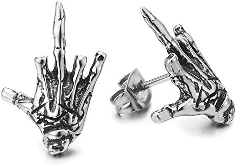 Mens Womens Stainless Steel Vintage Hand Skeleton Bone Stud Earrings, Screw Back, Punk Rock Gothic