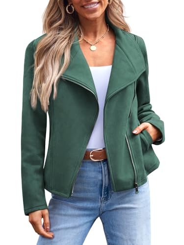 AUTOMET Women‘s Faux Suede Leather Jacket, Cropped Open Front Coat for Fall Winter Spring, Cardigan Style Green L