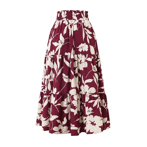 Women's Midi Skirt Summer Boho Elastic High Waist A-Line Flowy Swing Casual Beach Tiered Skirt Dress with Pockets3